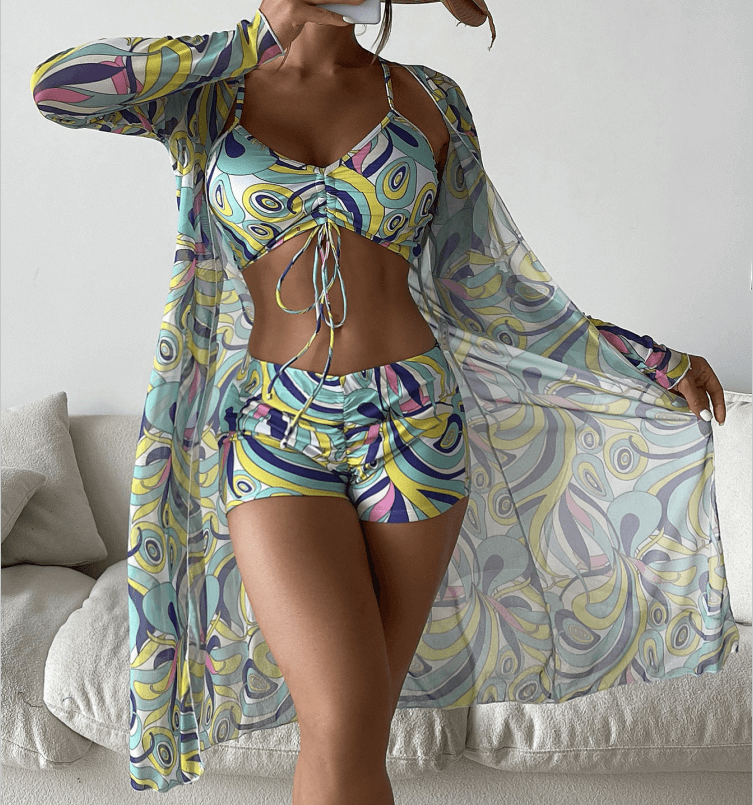 Printed Three Piece High Waist Swimsuit Beachwear Set With Cover Up 