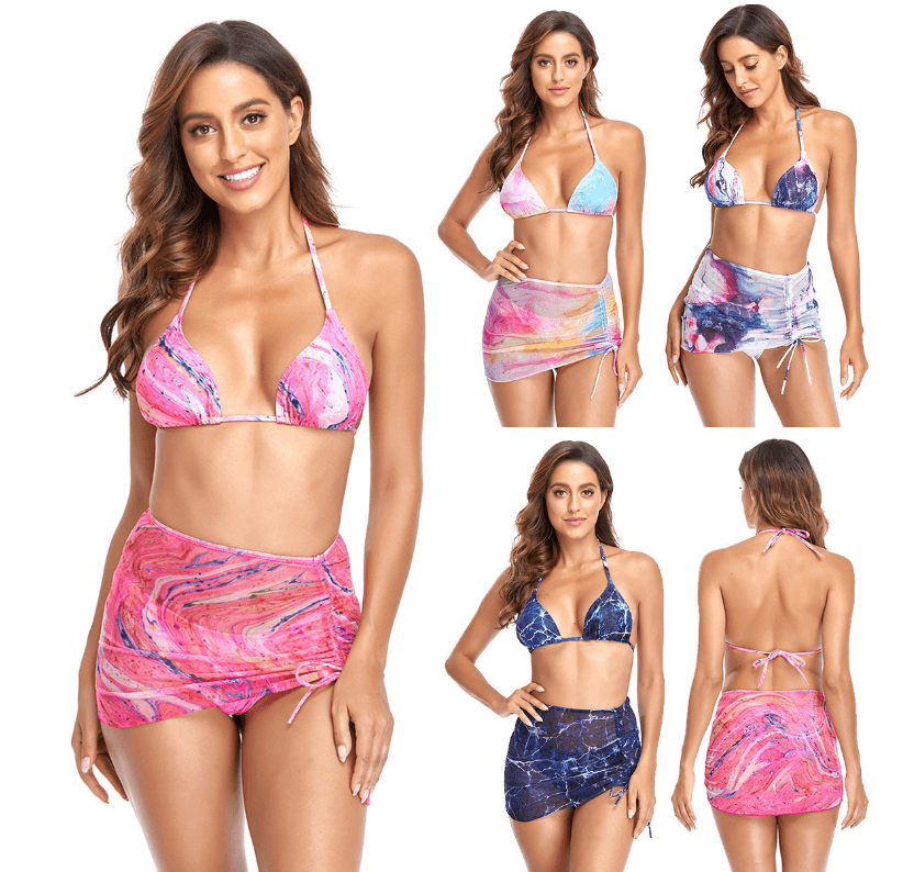 Sexy Split Lace Up Halter 3 Piece Bikini Swimsuit Set 