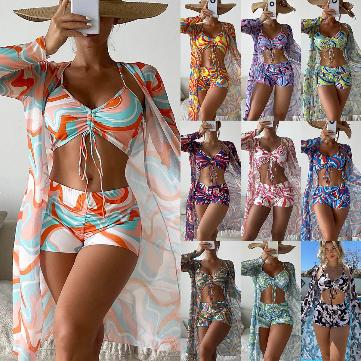 Printed Three Piece High Waist Swimsuit Beachwear Set With Cover Up 