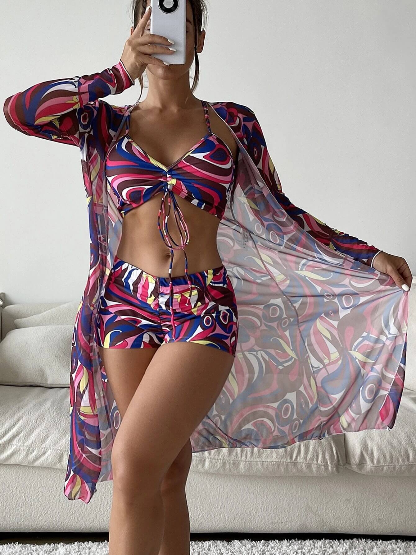 Printed Three Piece High Waist Swimsuit Beachwear Set With Cover Up 