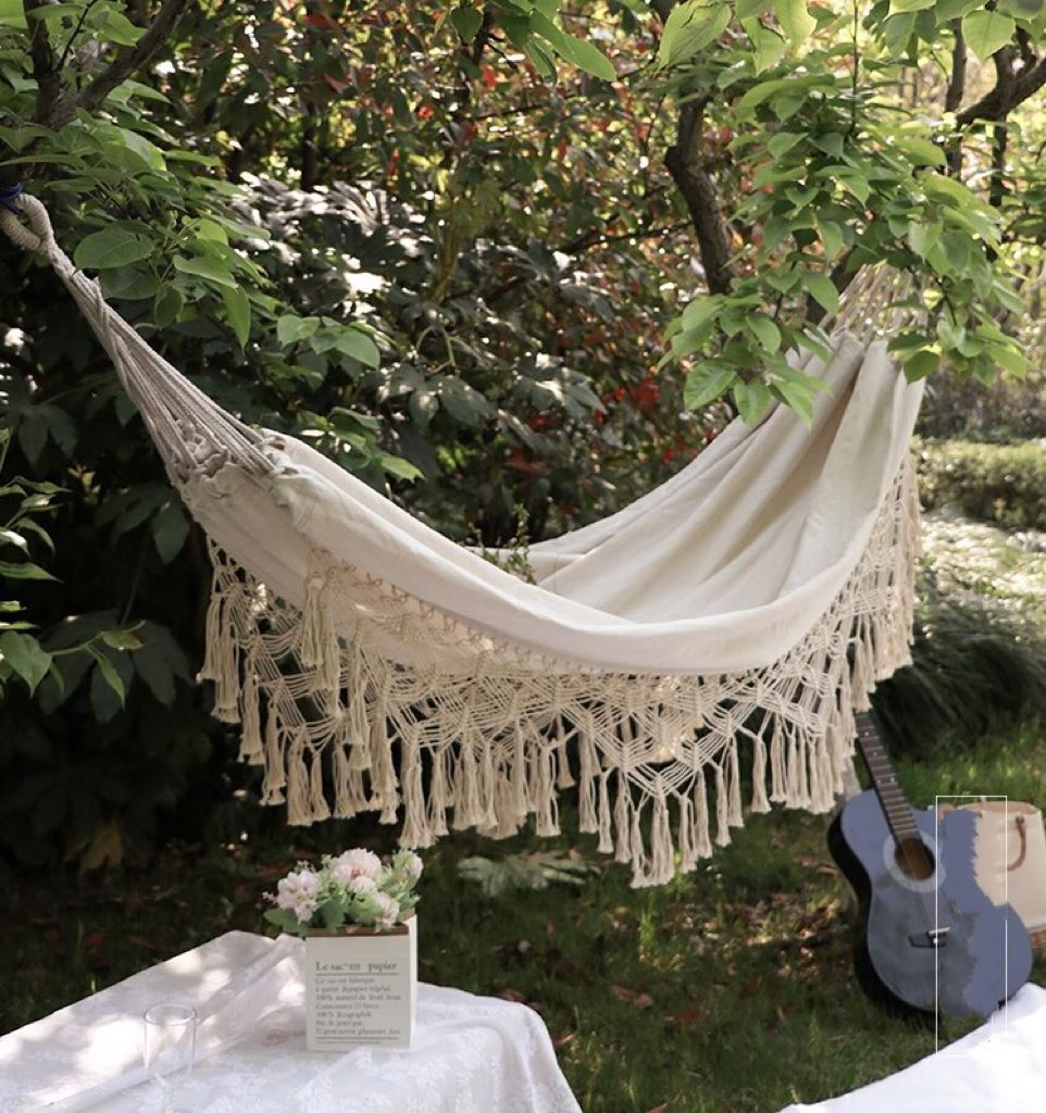 Portable Waterproof Lightweight Single Double Size Canvas Fabric Camping Swing Hammock With Tassel 