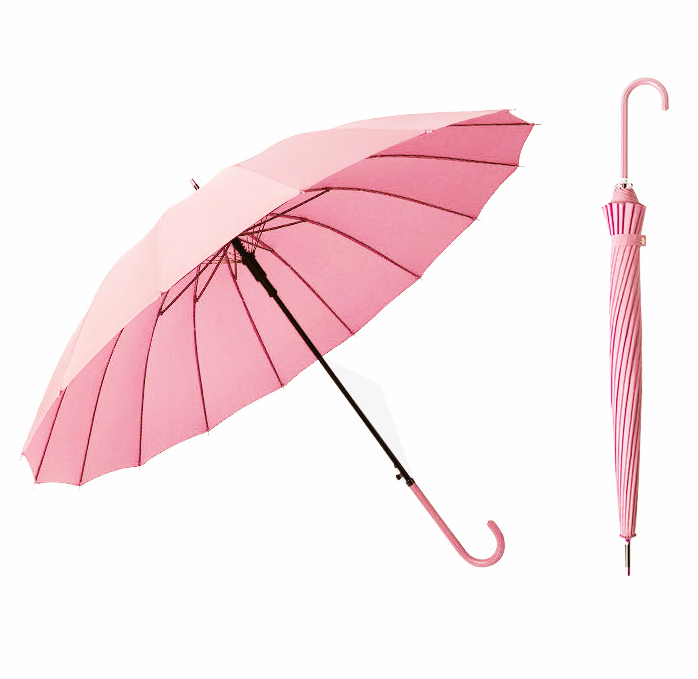 Fashion 16K Automatic Straight Stick Umbrella With Leather J Shaped Handle 
