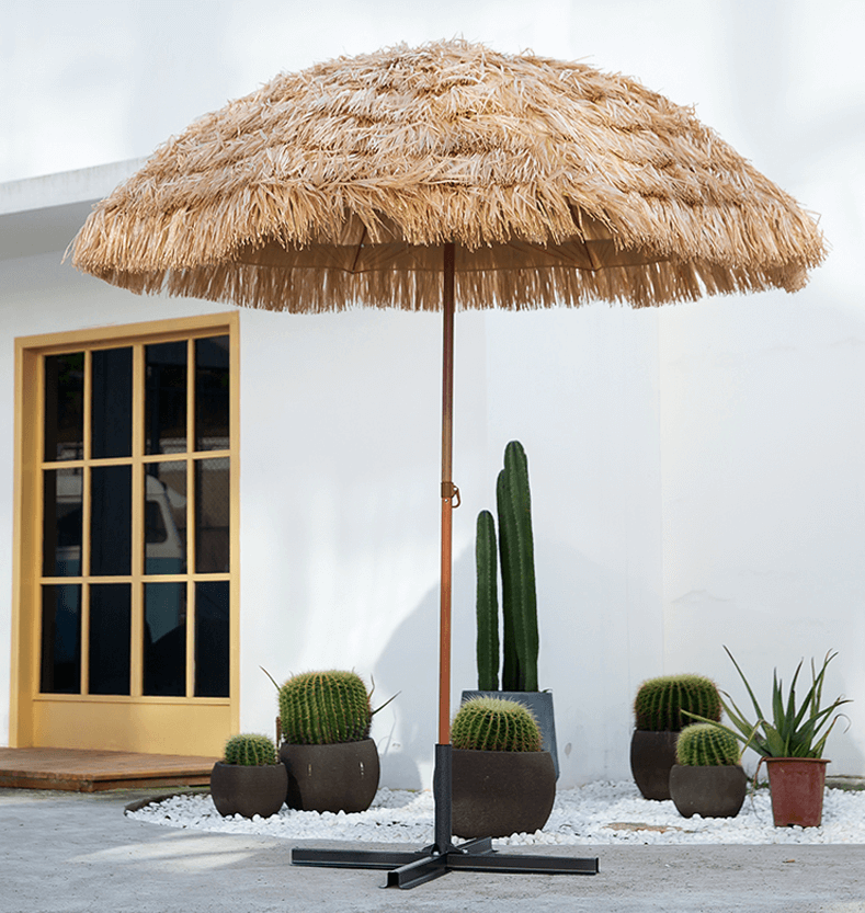 Outdoor Artificial Straw Parasol Beach Umbrella With ZInc Alloy Tilt 