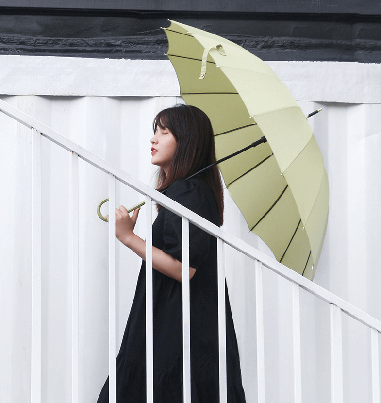Fashion 16K Automatic Straight Stick Umbrella With Leather J Shaped Handle 