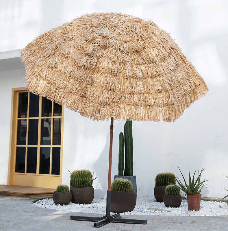 Outdoor Artificial Straw Parasol Beach Umbrella With ZInc Alloy Tilt 