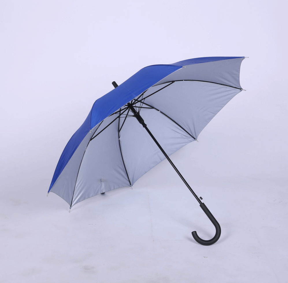 Cheap Promotional Custom Silver Coated Automatic Opening Straight Umbrella With J Shape Handle 