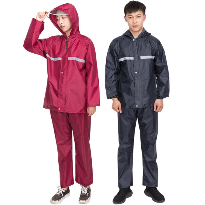 Portable Waterproof Impermeable Hooded PVC PU Coated Polyester Oxford Pongee Fabric Motorcycle Electrombile Bicycle Rainwear Rainsuit Rain Coat Raincoat With Reflective Tape 