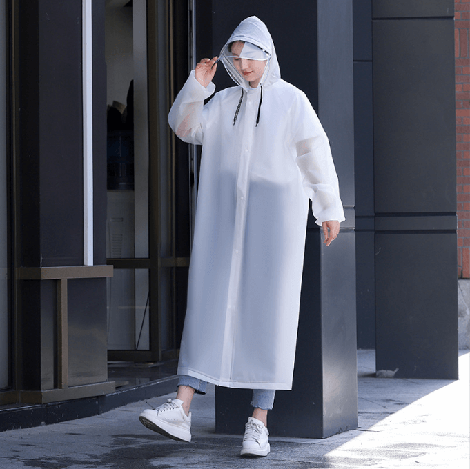 Fashion Portable Lightweight Transparent Translucent Eco Friendly Unisex Hooded Disposable Emergency Usable EVA PE Conjoined Long Travel Rain Gear Raincoat 