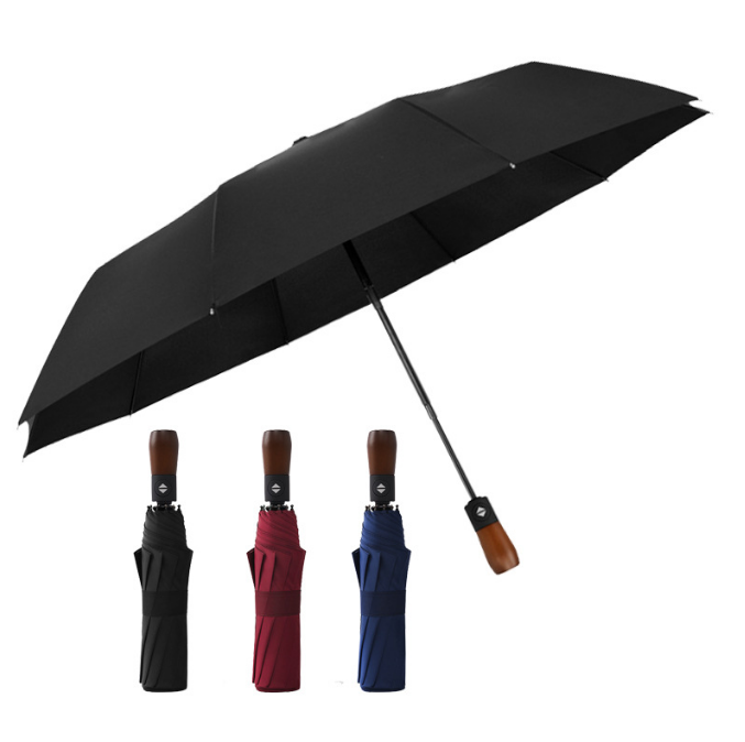 Big Strong Windproof Auto Open And Close Fully Automatic 3 Fold Umbrella With Wooden Handle 