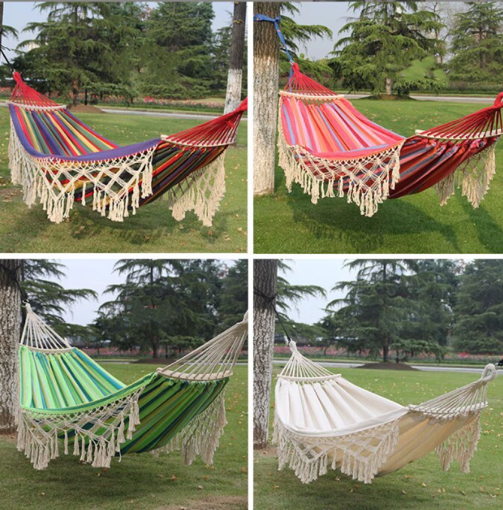 Portable Waterproof Lightweight Single Double Size Canvas Fabric Camping Swing Hammock With Tassel 