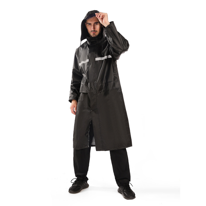 Long Conjoined One Piece Hooded PVC PU Coated Polyester Oxford Pongee Nylon Fabric Windbreaker Rainwear Rainsuit Raincoat With Reflective Tape 