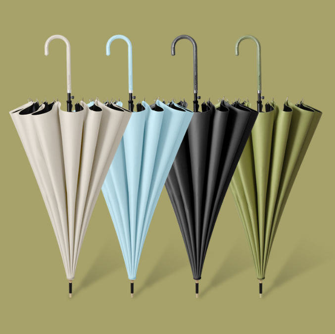 Fashion 16K Automatic Straight Stick Umbrella With Leather J Shaped Handle 