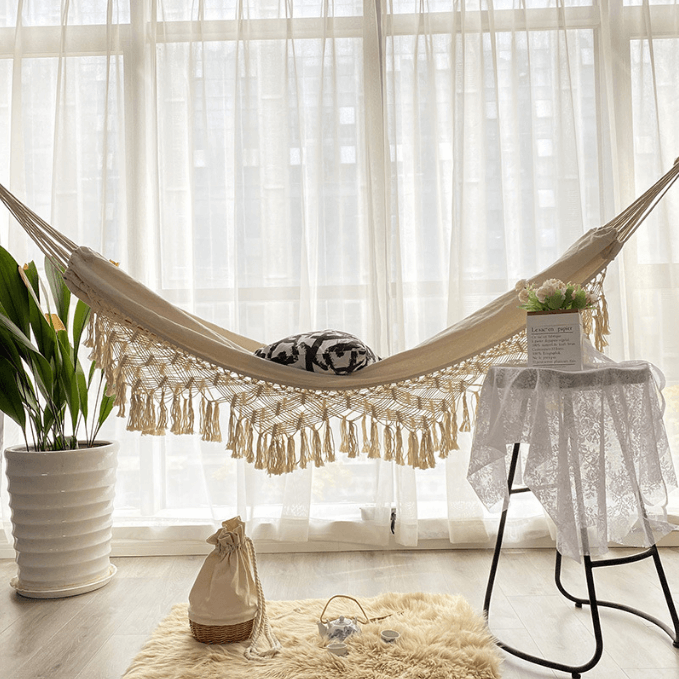 Portable Waterproof Lightweight Single Double Size Canvas Fabric Camping Swing Hammock With Tassel 