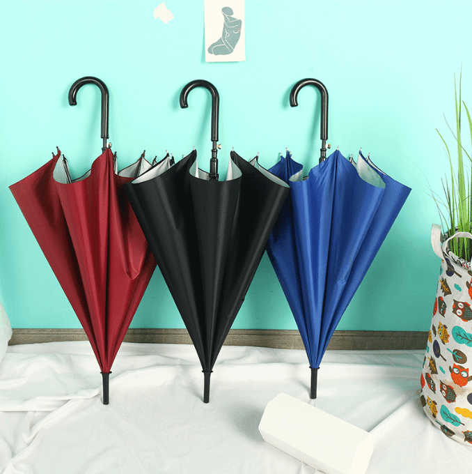 Cheap Promotional Custom Silver Coated Automatic Opening Straight Umbrella With J Shape Handle 