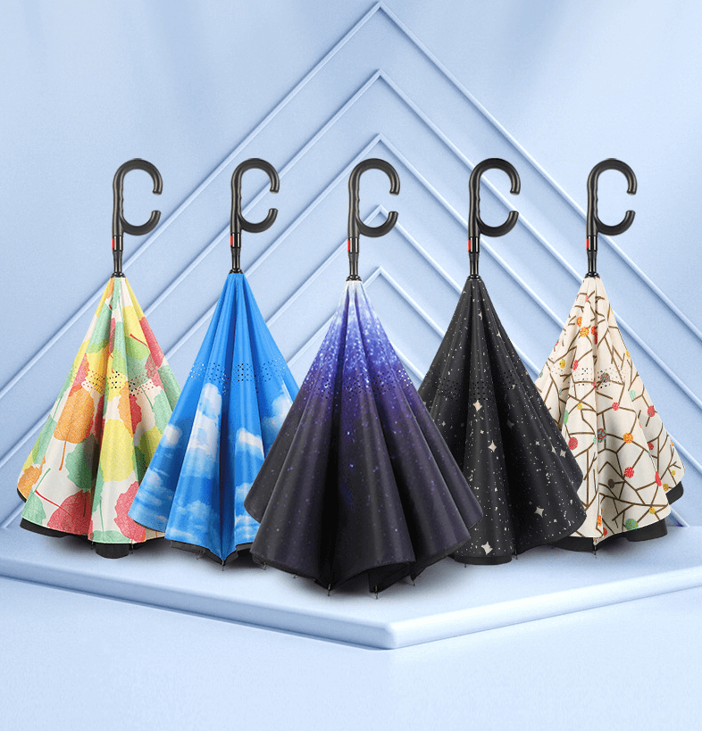 Semi Automatic Reverse Inverted Upside Down Inside Out Straight Umbrella With C Shaped Handle 
