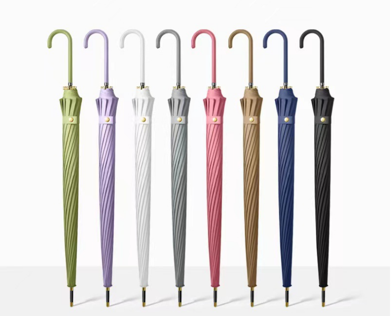 Fashion 16K Automatic Straight Stick Umbrella With Leather J Shaped Handle 