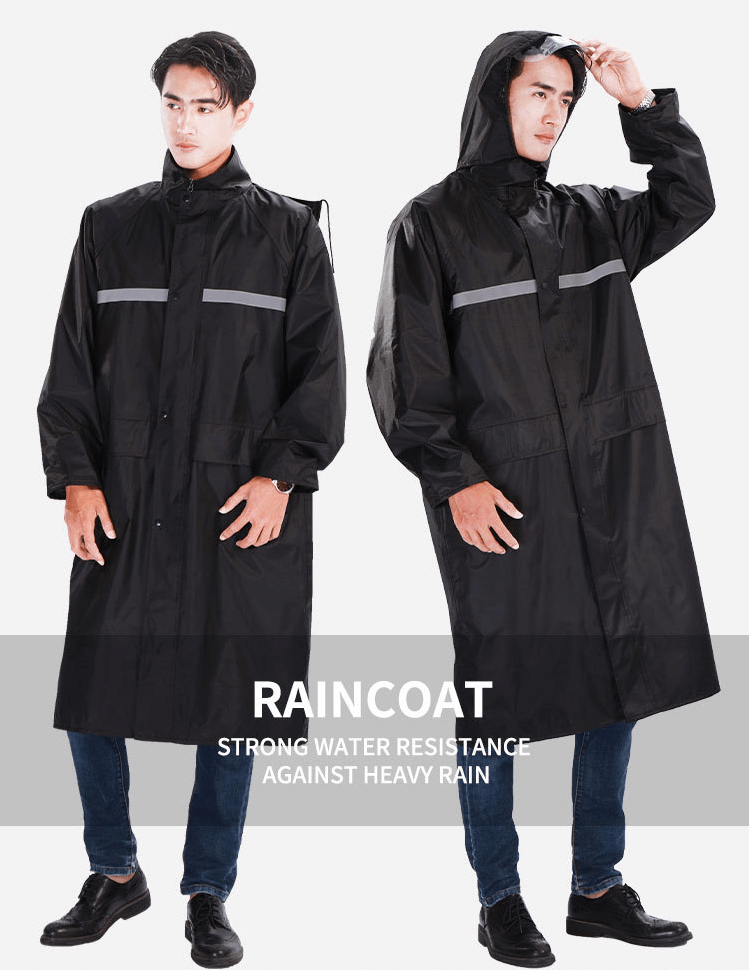 Long Conjoined One Piece Hooded PVC PU Coated Polyester Oxford Pongee Nylon Fabric Windbreaker Rainwear Rainsuit Raincoat With Reflective Tape 