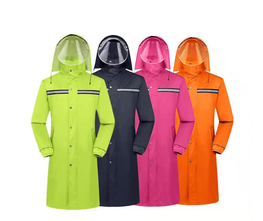 Long Conjoined One Piece Hooded PVC PU Coated Polyester Oxford Pongee Nylon Fabric Windbreaker Rainwear Rainsuit Raincoat With Reflective Tape 