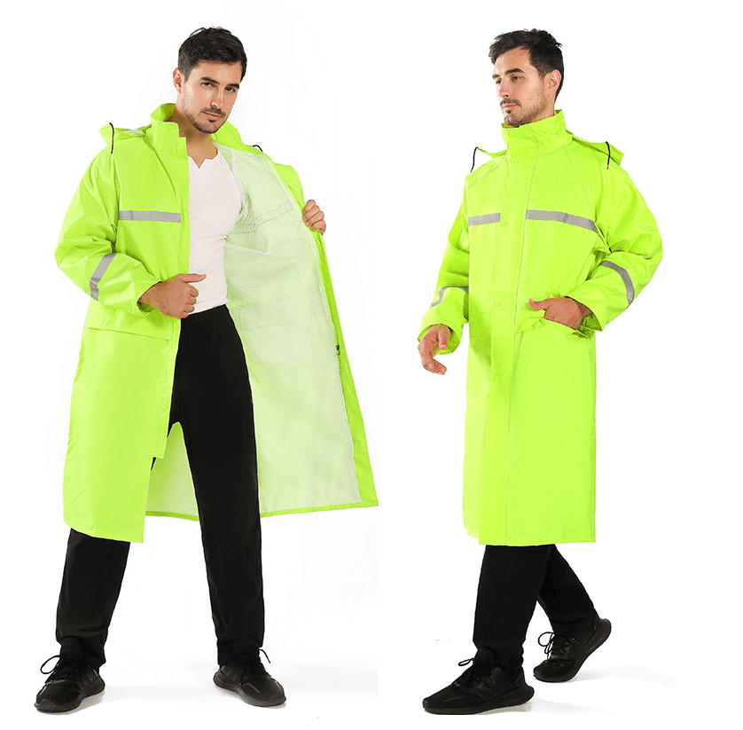 Long Conjoined One Piece Hooded PVC PU Coated Polyester Oxford Pongee Nylon Fabric Windbreaker Rainwear Rainsuit Raincoat With Reflective Tape 