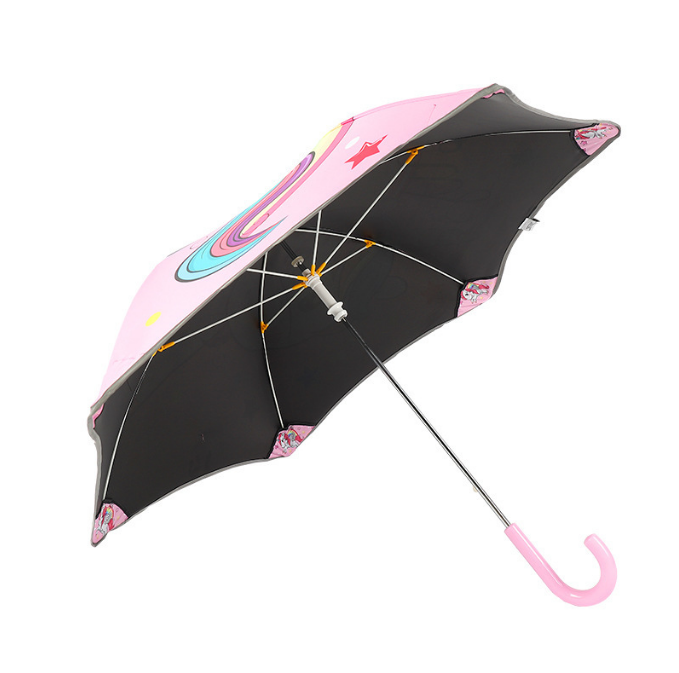 Innovative Cute Safe Anti Poke Fillet Design Anti Pinch Straight Fiberglass Frame Children Kids Umbrella With Reflective Strip 