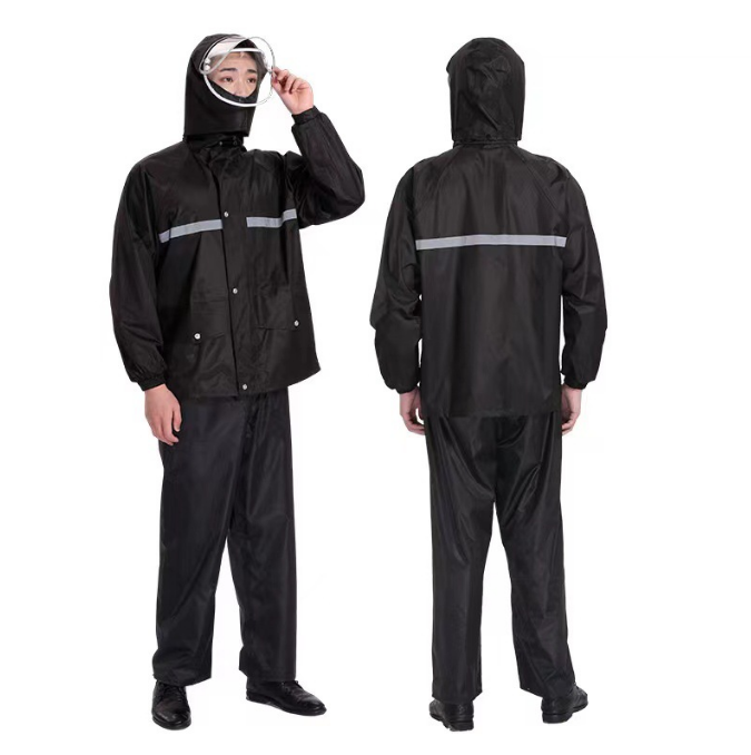 Portable Waterproof Impermeable Hooded PVC PU Coated Polyester Oxford Pongee Fabric Motorcycle Electrombile Bicycle Rainwear Rainsuit Rain Coat Raincoat With Reflective Tape 