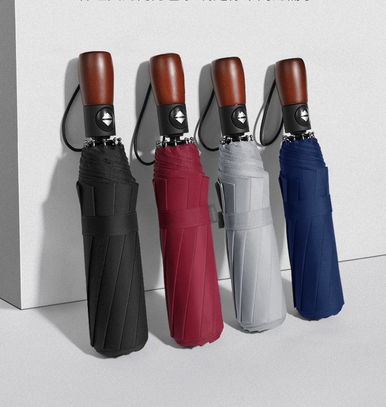 Big Strong Windproof Auto Open And Close Fully Automatic 3 Fold Umbrella With Wooden Handle 
