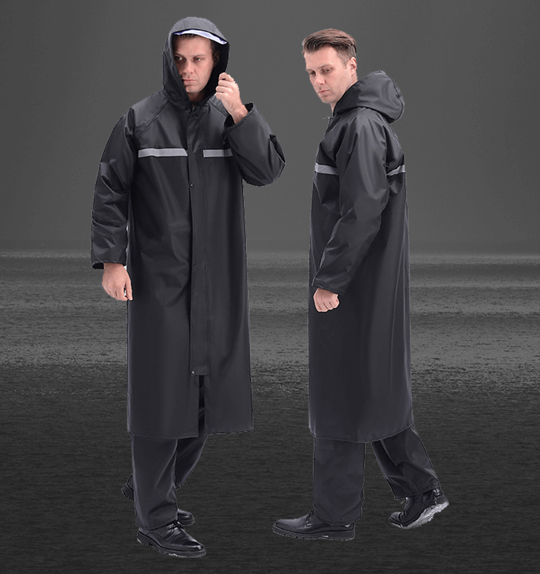 Long Conjoined One Piece Hooded PVC PU Coated Polyester Oxford Pongee Nylon Fabric Windbreaker Rainwear Rainsuit Raincoat With Reflective Tape 